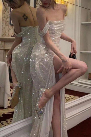 Elegant Mermaid Off the Shoulder Silver Sequins Long Prom Dress with Split Front