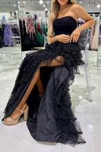 Load image into Gallery viewer, Princess A Line Strapless Black Long Prom Dress with Ruffles