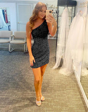 Load image into Gallery viewer, Glitter One-Shoulder Hot Pink Homecoming Dress With Sequins