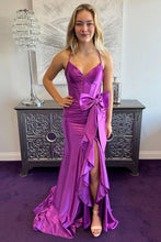 Load image into Gallery viewer, Lovely Pink Mermaid Lace Up Long Satin Prom Dress with Bowknot and Slit