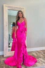 Load image into Gallery viewer, Lovely Pink Mermaid Lace Up Long Satin Prom Dress with Bowknot and Slit