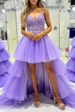 Load image into Gallery viewer, Stylish High Low Spaghetti Straps Purple Prom Dress with Appliques