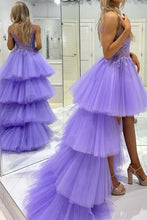Load image into Gallery viewer, Stylish High Low Spaghetti Straps Purple Prom Dress with Appliques