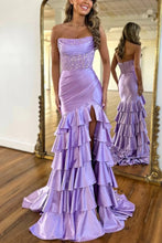 Load image into Gallery viewer, Stylish Pink Mermaid Strapless Long Tiered Satin Prom Dress with Sequin