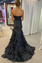 Load image into Gallery viewer, Stylish Pink Mermaid Strapless Long Tiered Satin Prom Dress with Sequin