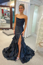 Load image into Gallery viewer, Stylish Pink Mermaid Strapless Long Tiered Satin Prom Dress with Sequin