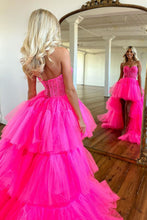 Load image into Gallery viewer, Cute Hot Pink High-Low Sweetheart Long Tulle Prom Party Dress