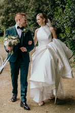 Load image into Gallery viewer, Classic A Line Halter Neck White Long Bridal Dress with Open Back Bowknot