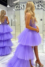 Load image into Gallery viewer, Stylish High Low Spaghetti Straps Purple Prom Dress with Appliques