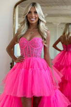 Load image into Gallery viewer, Cute Hot Pink High-Low Sweetheart Long Tulle Prom Party Dress