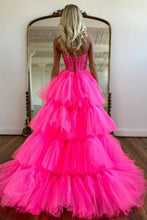 Load image into Gallery viewer, Cute Hot Pink High-Low Sweetheart Long Tulle Prom Party Dress