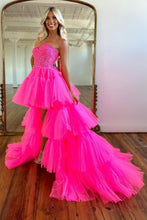 Load image into Gallery viewer, Cute Hot Pink High-Low Sweetheart Long Tulle Prom Party Dress