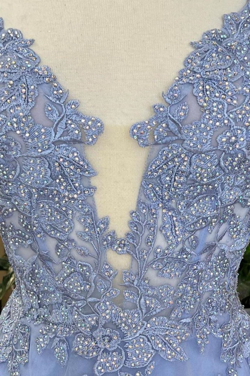 Beautiful Blue Spaghetti Strap Appliques Lace Tulle Evening Dresses main image 1