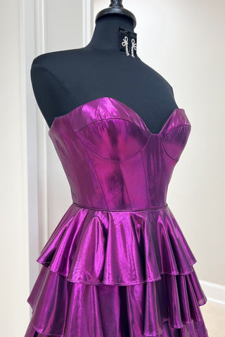 A-Line Sweetheart Sweep Train Tiered Metallic Prom Dress