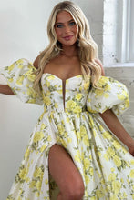Load image into Gallery viewer, Yellow A-Line Off The Shoulder Puff Sleeves Long Prom Dress With Slit