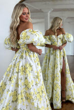 Load image into Gallery viewer, Yellow A-Line Off The Shoulder Puff Sleeves Long Prom Dress With Slit