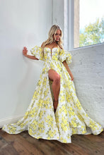 Load image into Gallery viewer, Yellow A-Line Off The Shoulder Puff Sleeves Long Prom Dress With Slit