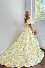 Load image into Gallery viewer, Yellow A-Line Off The Shoulder Puff Sleeves Long Prom Dress With Slit