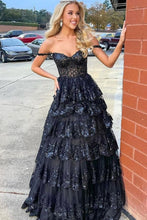 Load image into Gallery viewer, Gorgeous Gold A-Line Off The Shoulder Lace Up Long Prom Dress with Sequin