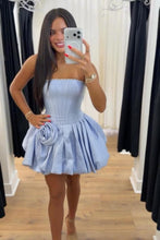 Load image into Gallery viewer, Elegant A Line Strapless Grey Blue Corset Homecoming Dress with 3D Flowers Pearls