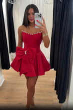 Load image into Gallery viewer, Beautiful A Line Strapless Red Corset Homecoming Dress with Bowknot Pearls