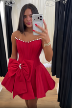 Load image into Gallery viewer, Beautiful A Line Strapless Red Corset Homecoming Dress with Bowknot Pearls