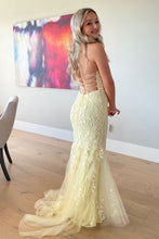 Load image into Gallery viewer, Beautiful Mermaid Spaghetti Straps Light Yellow Long Prom Dress with Appliques