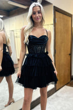 Load image into Gallery viewer, Black A-Line Spaghetti Straps Tiered Tulle Homecoming Dress with Sequin