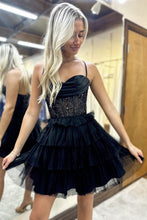 Load image into Gallery viewer, Black A-Line Spaghetti Straps Tiered Tulle Homecoming Dress with Sequin
