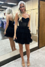 Load image into Gallery viewer, Black A-Line Spaghetti Straps Tiered Tulle Homecoming Dress with Sequin