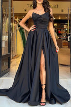 Load image into Gallery viewer, Black A-Line Strapless Pleated Top Satin Prom Dress with Slit
