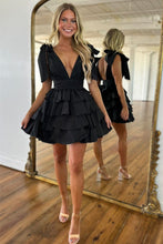 Load image into Gallery viewer, Black A-Line V-Neck Short Tiered Satin Homecoming Dress