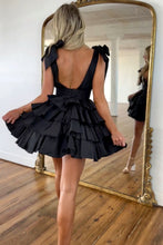 Load image into Gallery viewer, Black A-Line V-Neck Short Tiered Satin Homecoming Dress