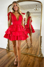 Load image into Gallery viewer, Black A-Line V-Neck Short Tiered Satin Homecoming Dress