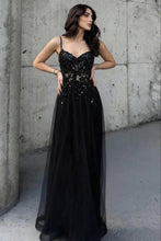 Load image into Gallery viewer, Charming A Line Spaghetti Straps Black Beaded Prom Dress with Sheer Bodice