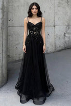 Load image into Gallery viewer, Charming A Line Spaghetti Straps Black Beaded Prom Dress with Sheer Bodice