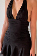 Load image into Gallery viewer, Black Halter Mini Dress Ruched Waist Flared Hem Homecoming Dress
