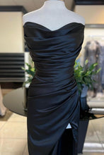Load image into Gallery viewer, Black Mermaid Strapless Long Satin Pleated Prom Dress with Slit