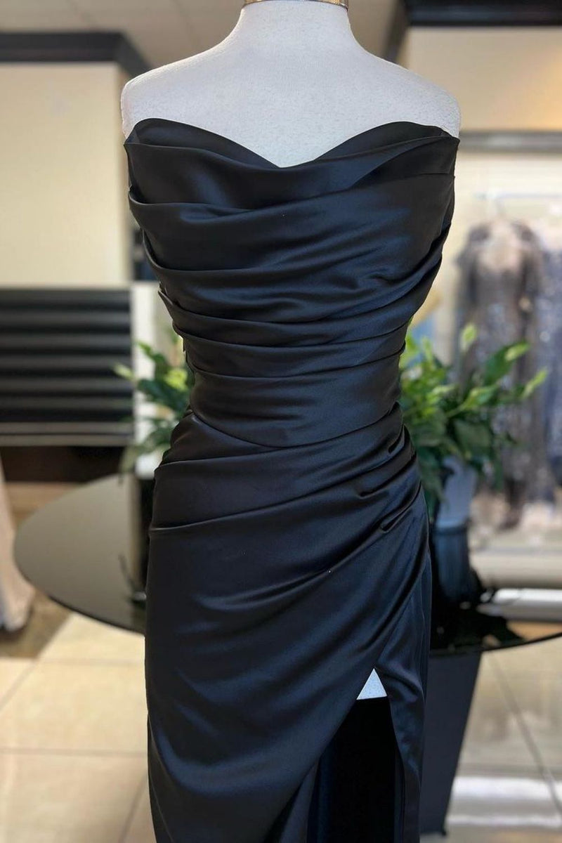 Sexy Mermaid Satin Long Prom Dress Black Lace Slit Evening Dress Y7646 main image 0