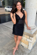 Load image into Gallery viewer, Black Mermaid V-Neck Lace Up Short Lace Homecoming Dress