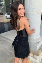 Load image into Gallery viewer, Black Mermaid V-Neck Lace Up Short Lace Homecoming Dress