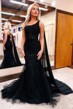 Load image into Gallery viewer, Black Beaded Mermaid Lace One Shoulder Long Prom Dress With Shawl