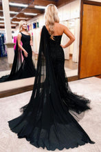 Load image into Gallery viewer, Black Beaded Mermaid Lace One Shoulder Long Prom Dress With Shawl