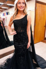 Load image into Gallery viewer, Black Beaded Mermaid Lace One Shoulder Long Prom Dress With Shawl