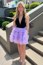 Load image into Gallery viewer, Black Purple A-Line V-Neck Open Back Short Tulle Homecoming Dress