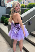 Load image into Gallery viewer, Black Purple A-Line V-Neck Open Back Short Tulle Homecoming Dress