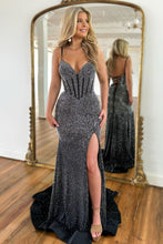 Load image into Gallery viewer, Sparkly Black Mermaid Spaghetti Straps Lace Up Beaded Prom Dress With Split