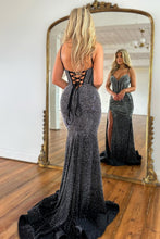 Load image into Gallery viewer, Sparkly Black Mermaid Spaghetti Straps Lace Up Beaded Prom Dress With Split