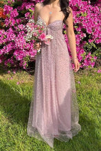 Load image into Gallery viewer, Shine A Line Spaghetti Straps Grey Blue Long Prom Dress with Beading