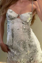 Load image into Gallery viewer, Bling A Line Spaghetti Straps Light Champagne Short Homecoming Dress with Embroidery